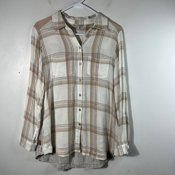 John Mark Tops - John Mark Soft Plaid Floral Button Shirt Long Sleeve M White Tan Black
